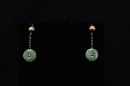 Pair Chinese 14K Y/G jadeite earrings