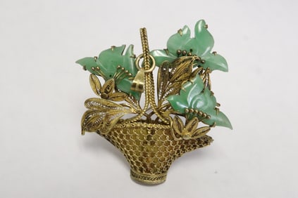 Antique Chinese gilt silver jadeite pendant/ brooch
