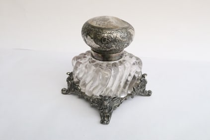 Baccarat crystal ink bottle with silverplate mount