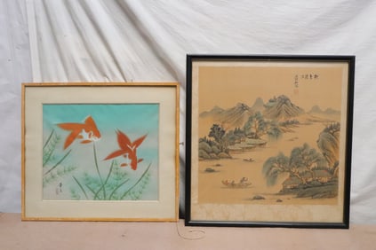 2 Chinese framed w/c paintings, signed w/ seal mark
