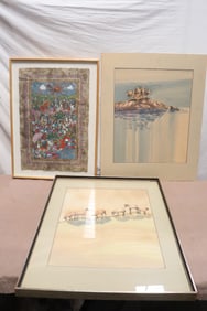 3 pieces; 2 watercolor, and a painting on vallin