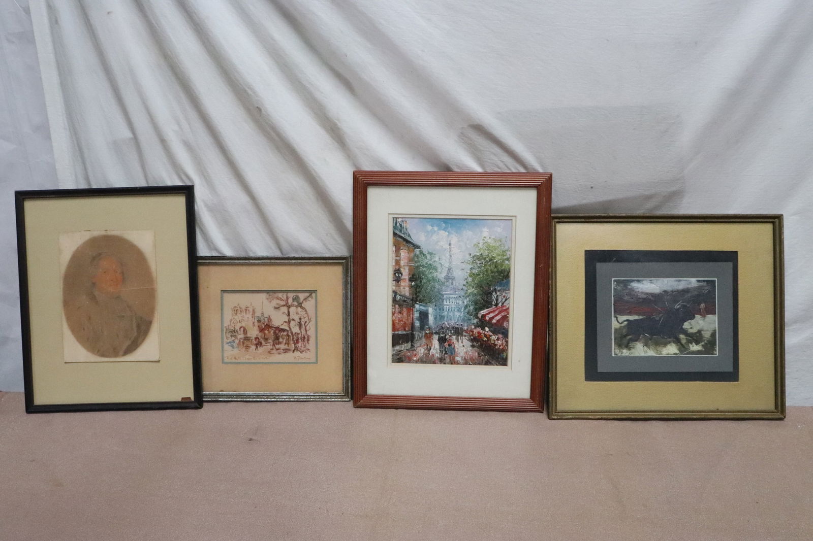 4 pieces: 4 pieces (4.7"x6.2" (F:9.7"x11"x0.75") - 9.4"x7.5" (F:15.5"x12.5"x0.6")); 2 watercolors, a color pencil on paper, and an oil painting of bull fighting scene