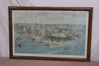 early 20th c. color etching w/ antique tiger oak frame