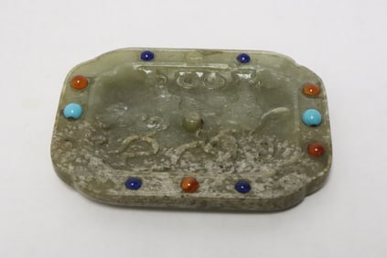 Chinese antique jade carved dish w/ jewel mount