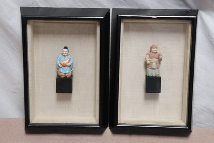 Pair framed shadow box w/ Japanese netsuke style figure