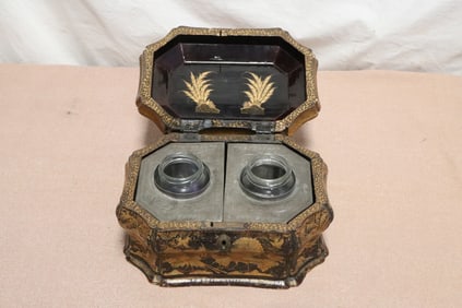 Chinese 19th c. hand painted lacquer tea caddy box