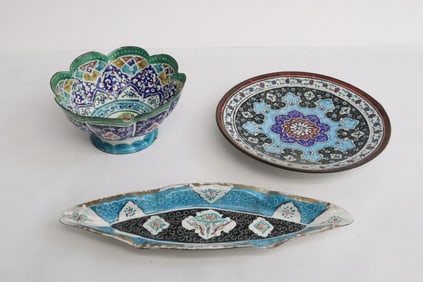 3 pieces Mideastern enamel on metal articles