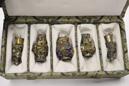 5 Chinese miniature enamel on silver wire ornaments