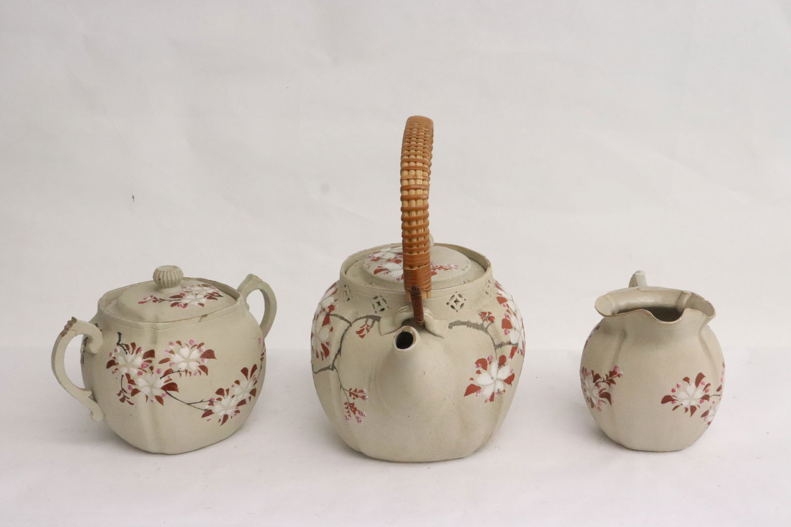 3 pc Japanese antique hand painted bisque tea services: 3 pieces Japanese antique hand painted bisque tea services, 3.75"x4.35"x3.35" - 5.15"x6.15"x4.9"