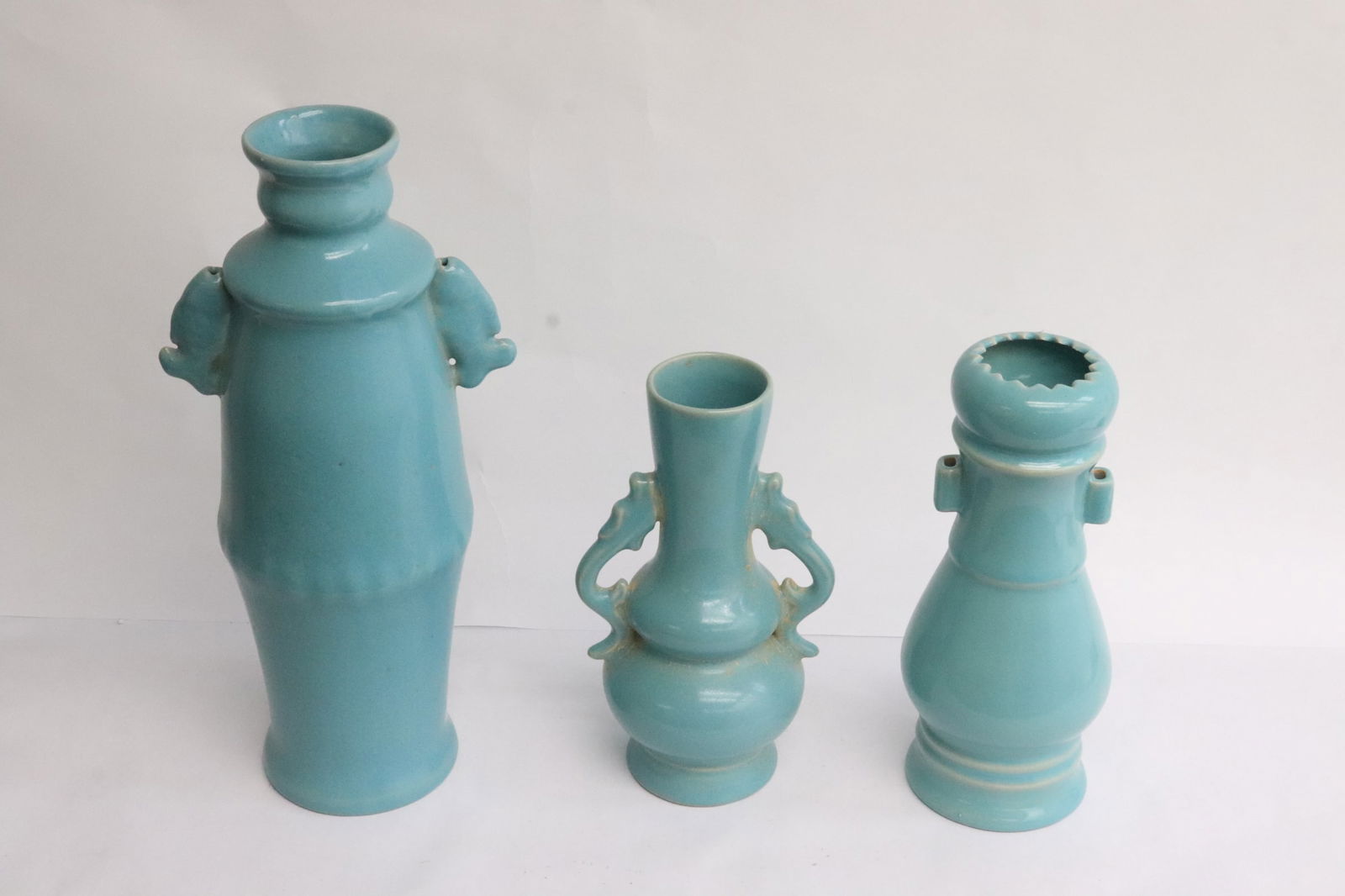 3 Chinese blue glazed porcelain vases: 3 Chinese blue glazed porcelain vases, 8.4"x4.8"x3.9" - 13"x6.15"x4.75"