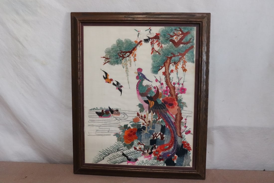 Chinese vintage embroidery panel: Beautiful Chinese vintage embroidery panel with phoenix, 19"x15" (22.5"x18.65"x0.75")