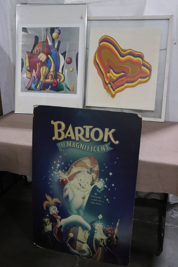 2 etchings, and a cartoon poster: 2 etchings (22.7"x25.4" (F:29.3"x32.2"x0.75"), 24"x22" (F:36.2"x24.25"x0.8")), and a cartoon poster (39.8"x27")