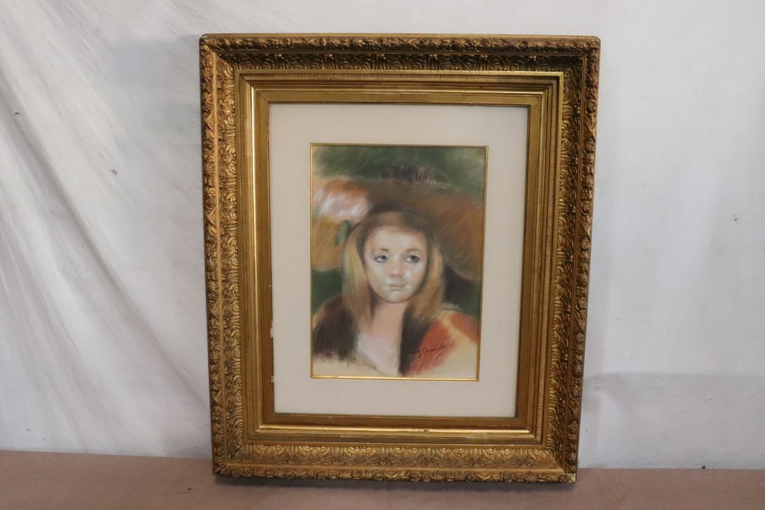 pastel/ color pencil painting, signed w/ gilt frame: A beautiful pastel/ color pencil painting depicting a young girl, signed with beautiful gilt frame, 14.7"x10.4" (F:28"x24"x2.8")