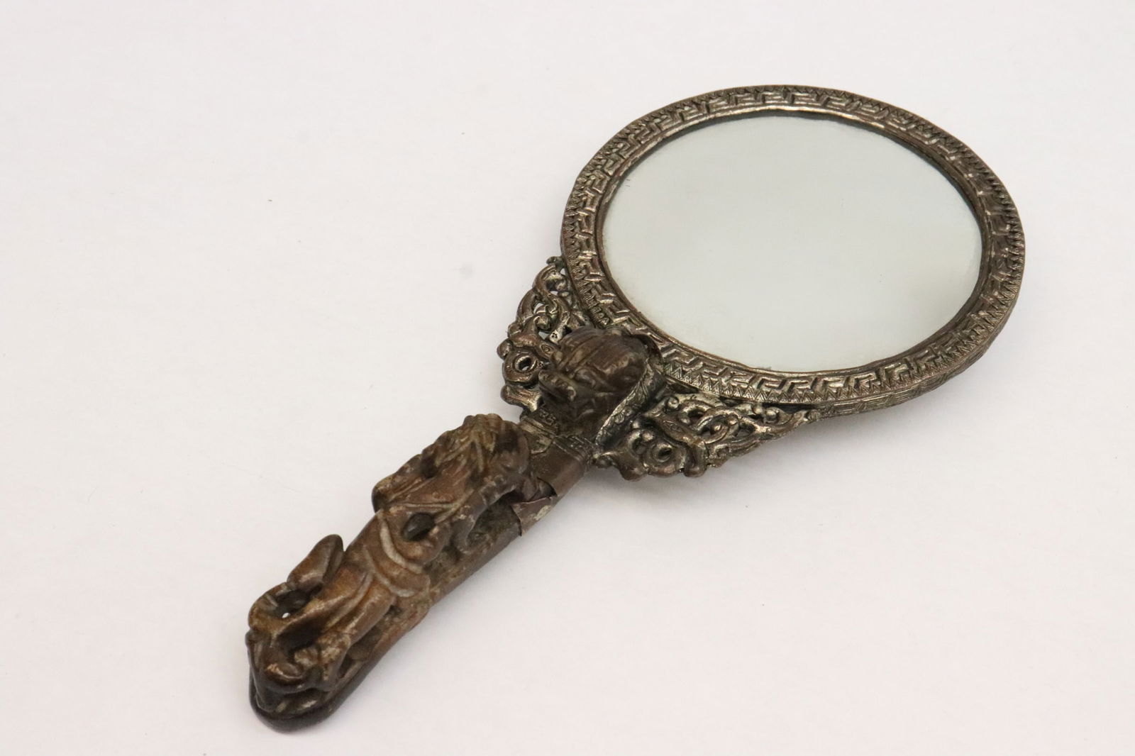 Hand mirror with stone carved dragon buckle as handle: Hand mirror with stone carved dragon buckle as handle, 9.1"x4.35"x1.35"