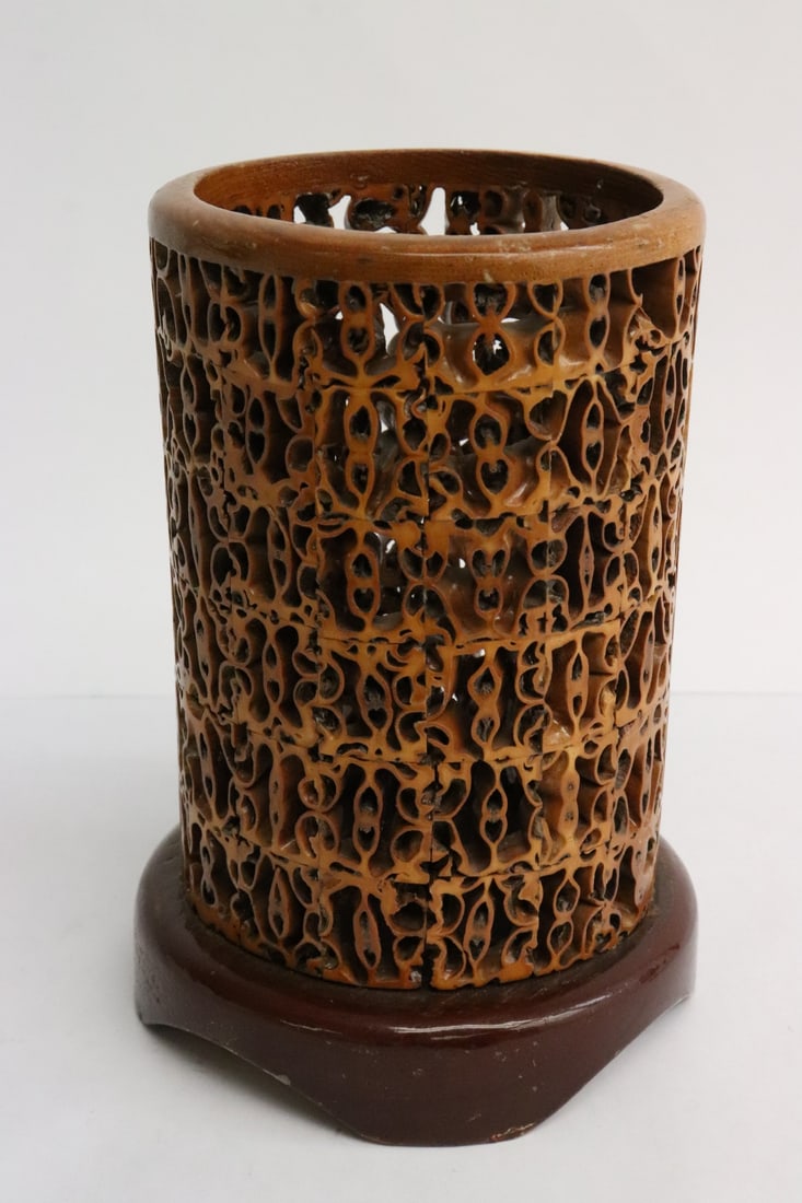 Unusual carved nut made brush holder: Unusual carved nut made brush holder, 5.85"x4.15"dia