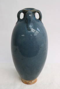 Chinese purple on blue porcelain vase: Chinese purple on blue porcelain vase, 10.2"x4.8"dia