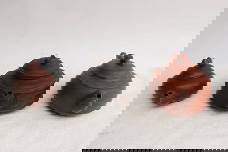 3 Yixing teapots: 3 Yixing teapots, 3.4"x6.2"x3.3" - 4"x7.5"x4.65"