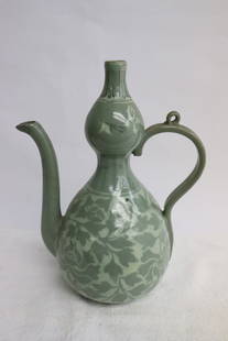 Korean celadon wine server, repair on spout: Korean celadon wine server, repair on spout, 11.25"x8.5"x5.85"