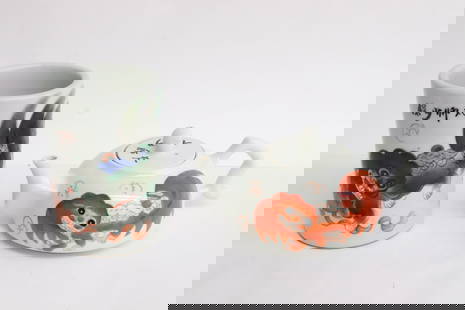 2 wucai porcelain pieces: 2 pieces; wucai porcelain brush holder (4.9"x3.15"dia), and wucai porcelain teapot (2.9"x6.4"x4.35")