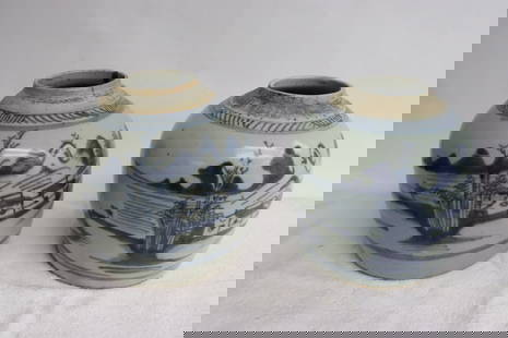 2 Chinese 19th century blue and white porcelain jars: 2 Chinese 19th century blue and white porcelain jars (no cover), 6.25"x6.4"dia, 6.4"x6.7"dia