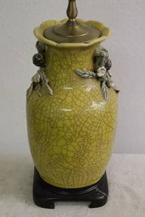 Chinese yellow crackleware vase, made as lamp: Chinese yellow crackleware vase (12.6"x7.5"dia), made as lamp (28.4"H)