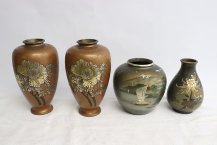 4 Japanese bronze shakudo vases