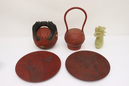 Lacquer like plates, wood basket, Peking glass item, etc