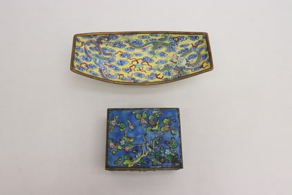 2 cloisonne/ enamel on metal; a plate, and a box
