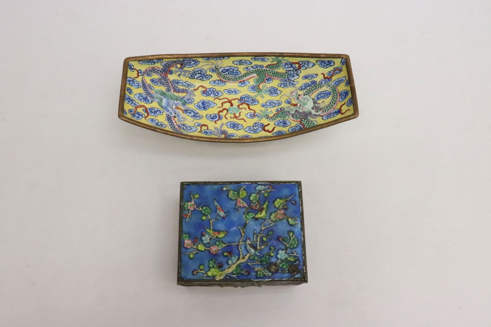 2 cloisonne/ enamel on metal; a plate, and a box (1 of 10)