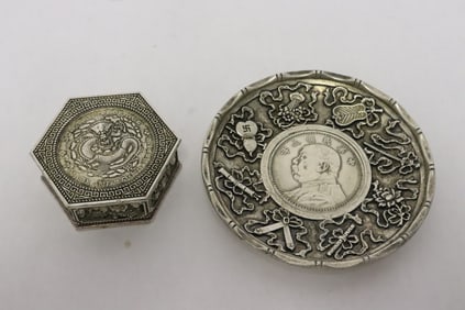 2 white bronze pieces, and a box and a plate