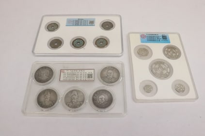3 panels of Chinese reproduction coins