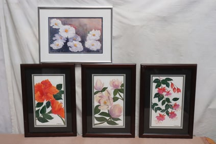 4 framed watercolors by June Robathan "still life"