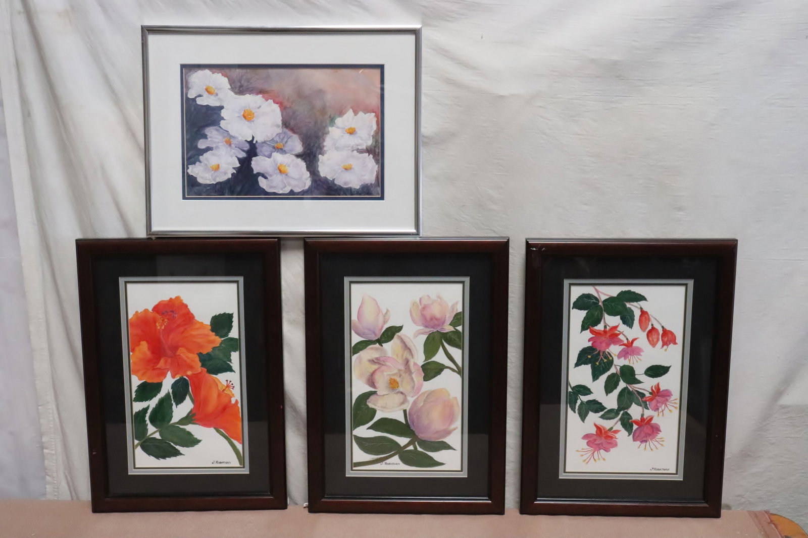 4 framed watercolors by June Robathan "still life": 4 framed watercolors by June Robathan "still life", 11.9"x6.5" (F:17.25"x12.25"x0.8") - 7.35"x11.5" (F:14.2"x16.5"x0.75")