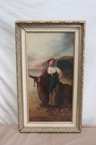 19th c. oil on canvas "girl at seashore", signed