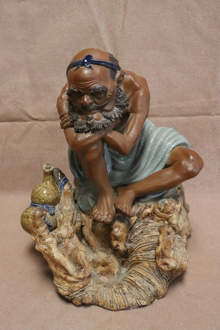 A Shiwan yao bisque sculpture, artist signed: A genuine Shiwan yao (石灣窯) bisque sculpture of Lohan, artist signed, 14.2"H