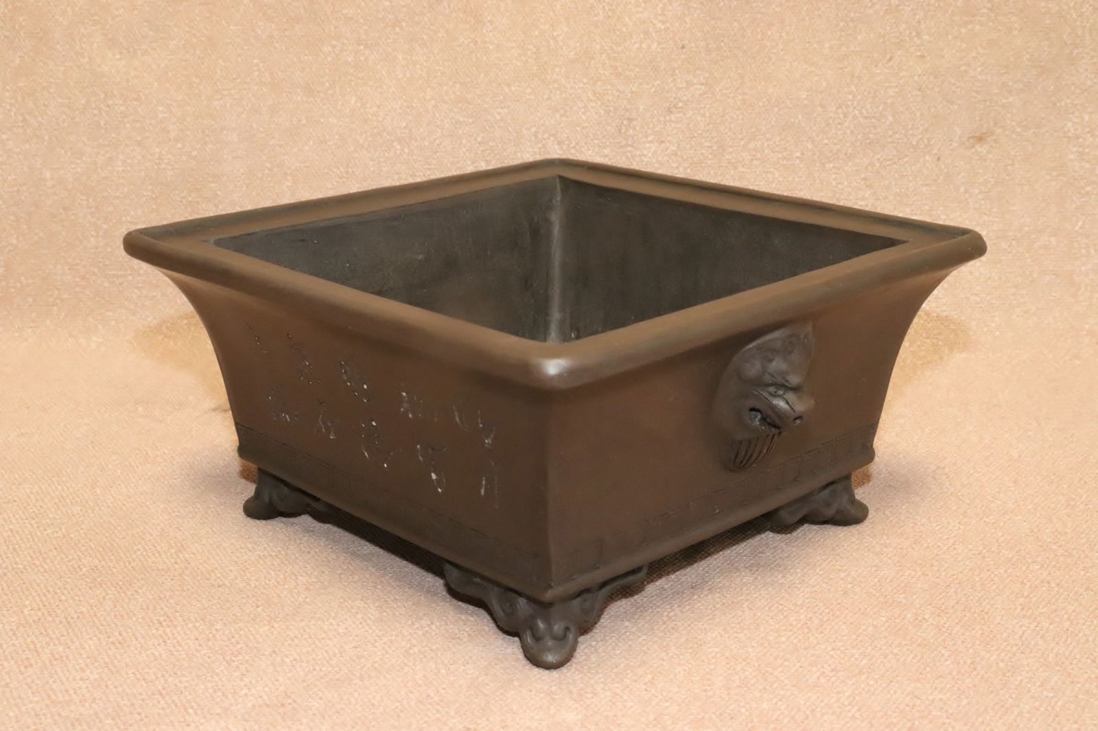 Chinese early 20th century Yixing planter: Chinese early 20th century Yixing planter with calligraphy, 3.3"x6.5"x6.5"