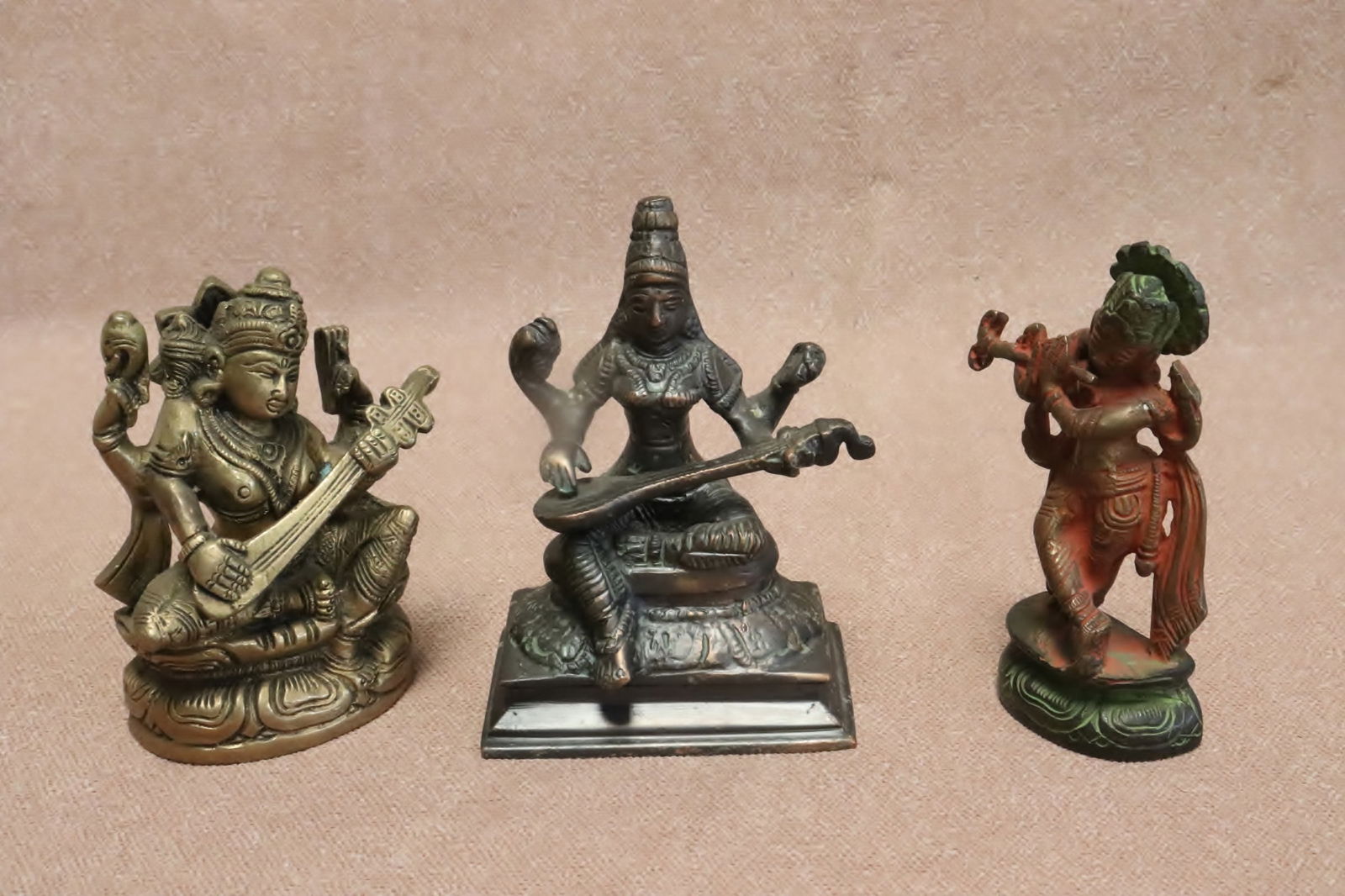 3 vintage South Asian bronze sculpture of deity: 3 vintage South Asian bronze sculpture of deity, 3.9"H - 4.35"H