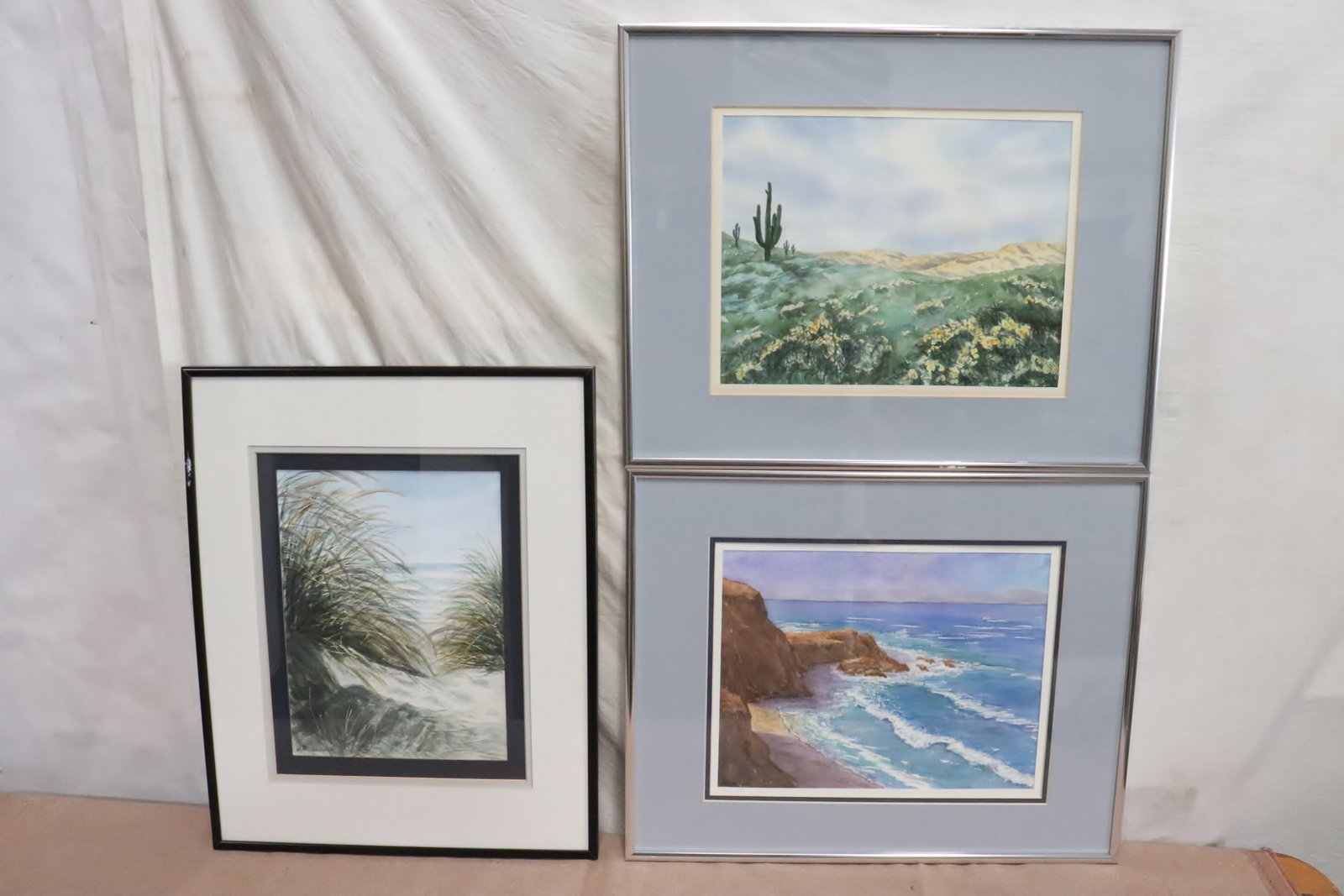 3 framed watercolor painting by June Robathan: 3 fine framed (16.4"x20.35" - 20.3"x16.3") watercolor painting by June Robathan (9.9"x12.8" - 12"x8.85")