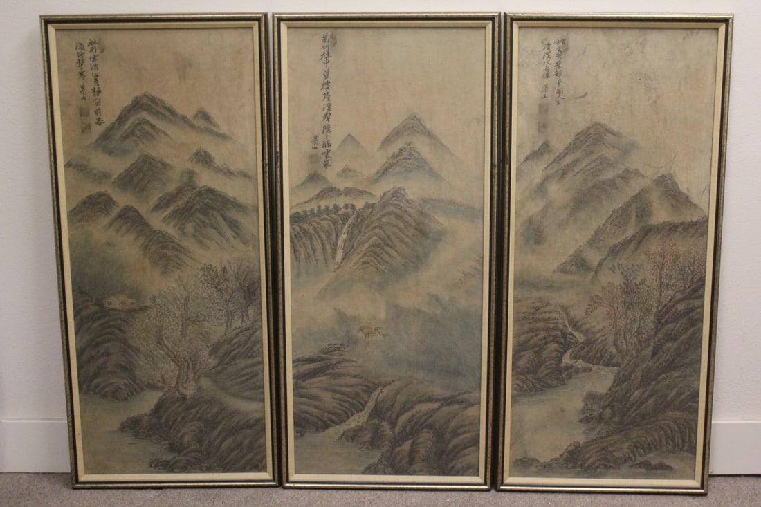 3 Chinese antique framed watercolors: 3 Chinese antique framed watercolors, 41.4"x17.4" ea (F:44"x20"x1.1" ea)
