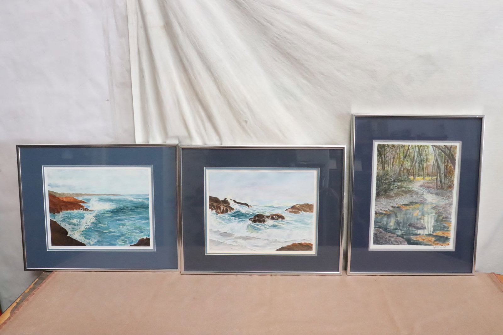 3 watercolor paintings by June Robathan: 3 beautiful watercolor paintings by June Robathan, 9.8"x12.8" (F:16.5"x20.4"x0.8") - 13.5"x10.4" (F:20.3"x16.2"x0.75")