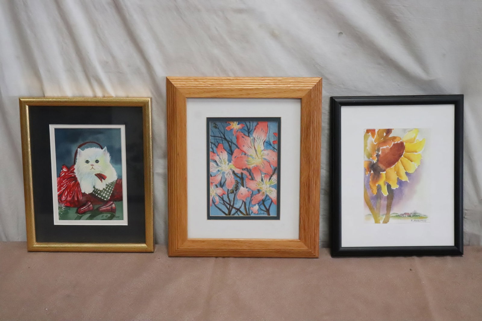 3 framed watercolor paintings by June Robathan: 3 framed watercolor paintings by June Robathan, 6.5"x4.5" (F:11"x9"x0.85") - 6.35"x4.4" (F:12.25"x10.25"x0.85")