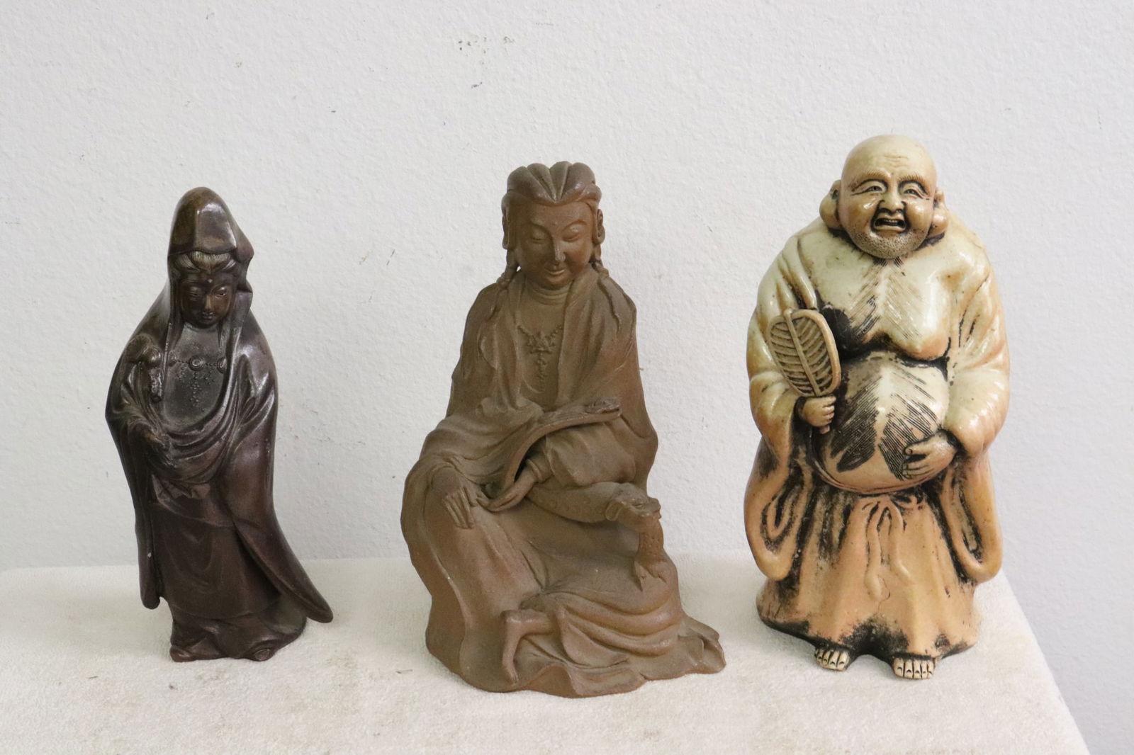 3 Japanese antique earthenware sculpture of deity: 3 Japanese antique earthenware sculpture of deity, 10.5"H - 11.5"H