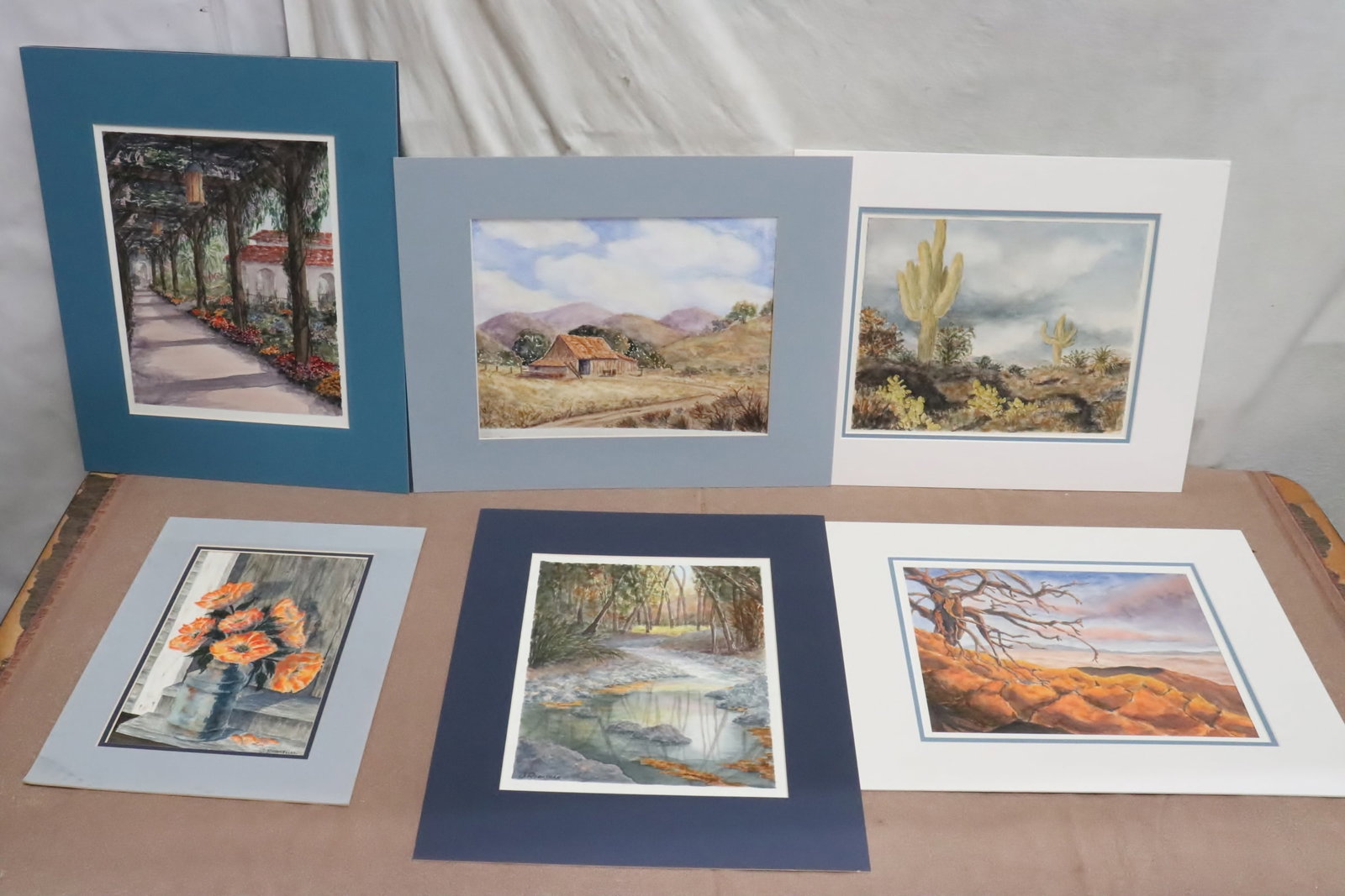 6 watercolor panels by June Robathan: 6 watercolor panels by June Robathan, 11.5"x7.5" - 13.5"x10.5"
