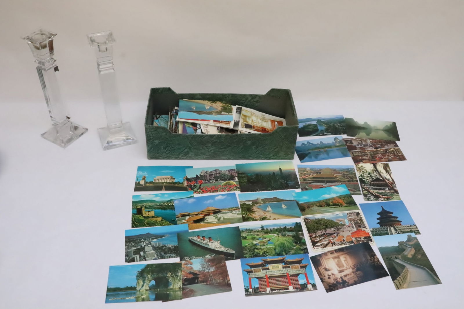 Pair crystal candle holder, & large lot of vintage postcards (1 of 10)