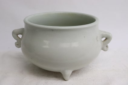 Chinese mid-20th c. light celadon handled censer