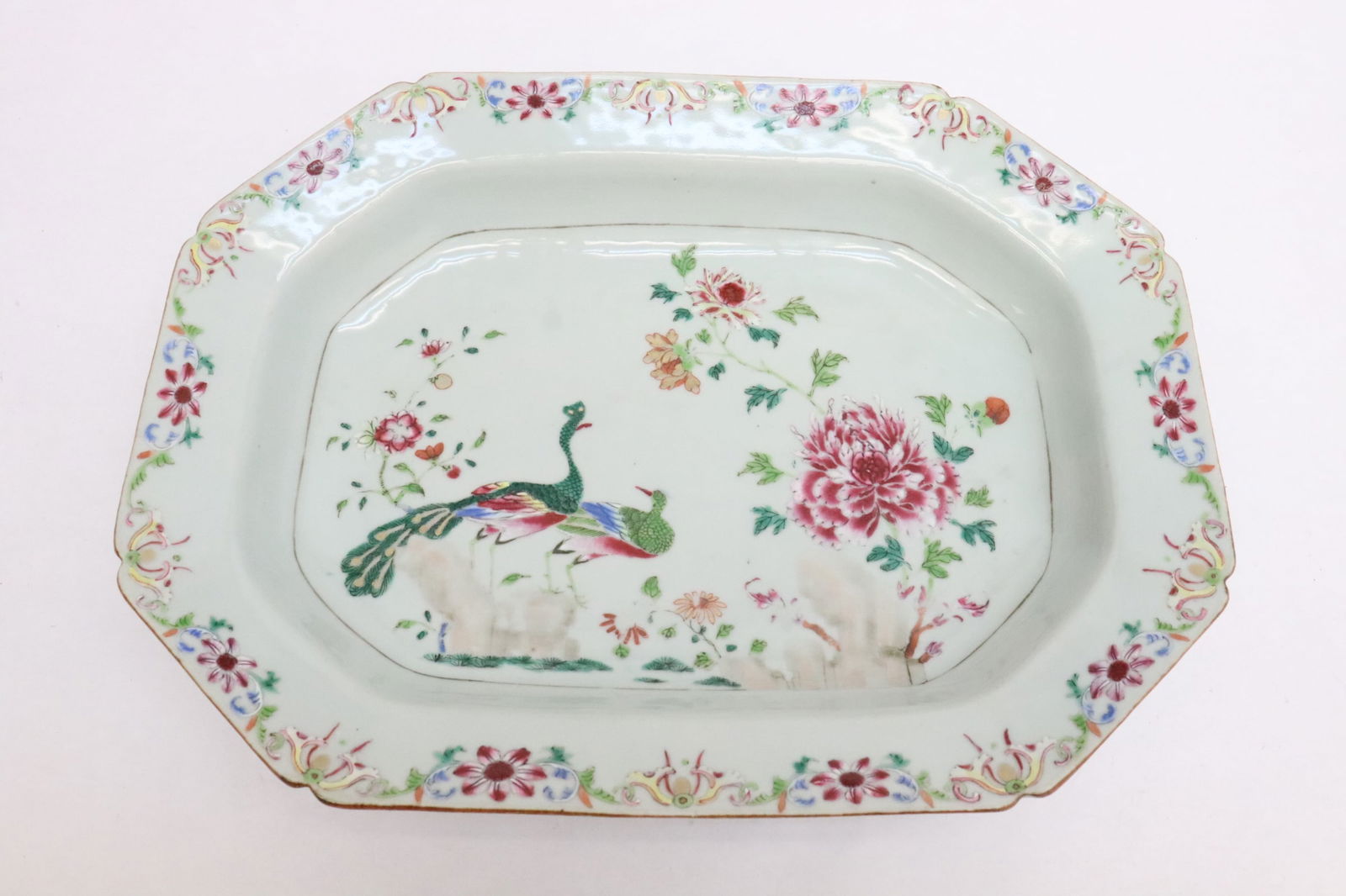 Chinese 18th c. porcelain platter, Yongzheng period: A rare Chinese 18th century famille rose porcelain rectangular platter, Yongzheng period, 2.65"x14.75"x10.7"