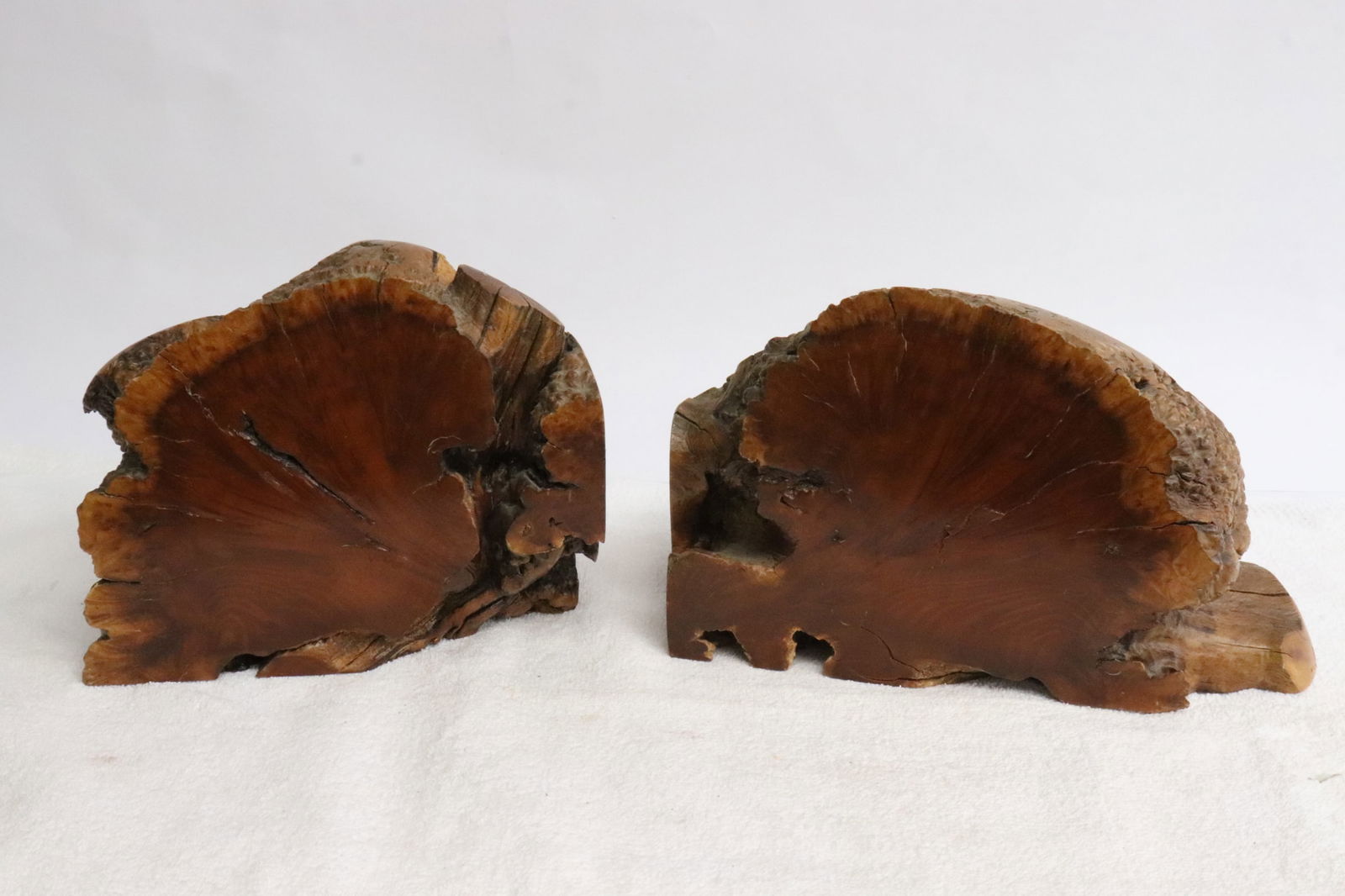 Pair natural burl wood root bookends: Pair natural burl wood root bookends, 5.8"x9.3"x4.5", 6"x7.25"x5.15"