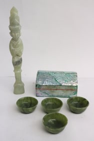 4 jade carved wine cups, & a jade like stone carving