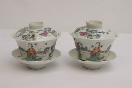 Pr 19th c. porcelain covered tea cups on underplate