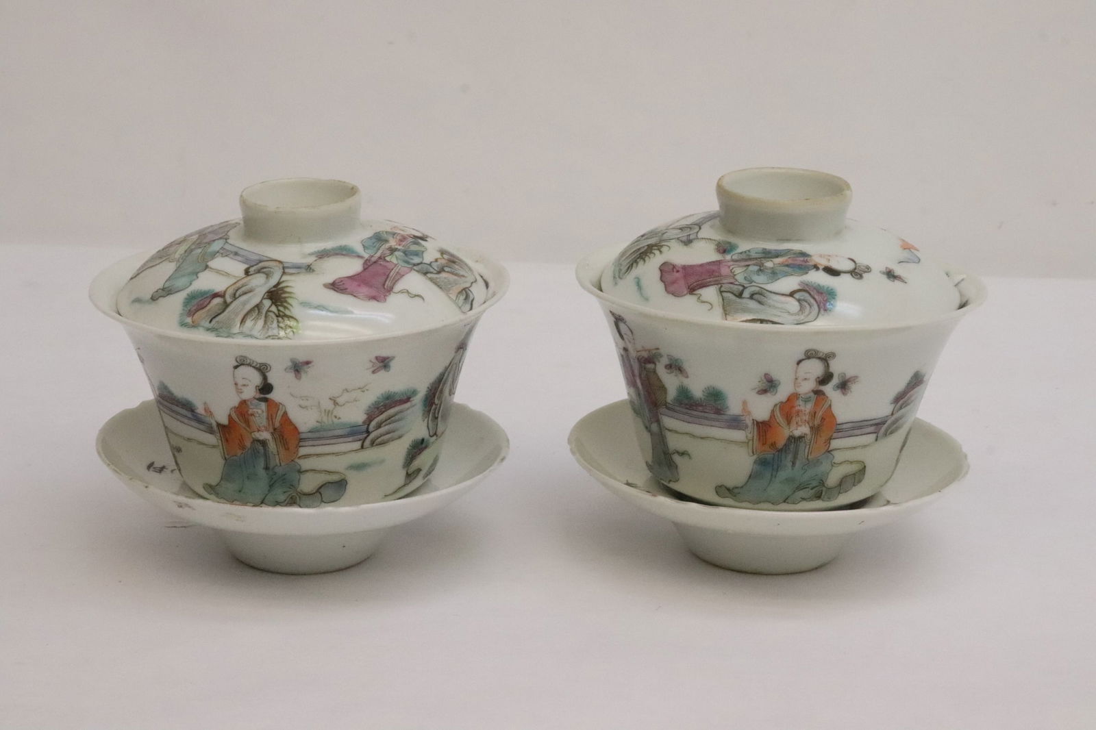 Pr 19th c. porcelain covered tea cups on underplate (1 of 11)